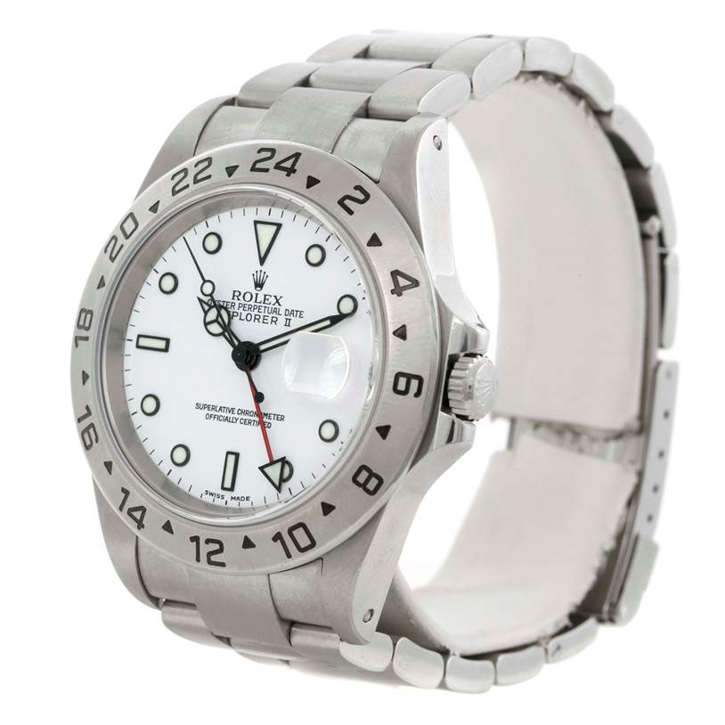 The image shows a front and side angle of the Rolex Explorer 16570 Men's Stainless Steel White Dial 16570 Men's Stainless Steel White Dial watch, highlighting the dial, bezel, and bracelet.