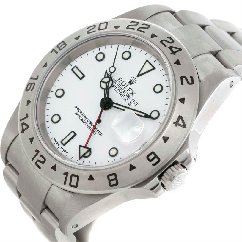 The image shows a Rolex Explorer 16570 Men's Stainless Steel White Dial 16570 Men's Stainless Steel White Dial watch from an angle highlighting the face, bezel, crown, and part of the bracelet.