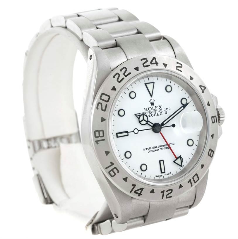 The image shows a Rolex Explorer 16570 Men's Stainless Steel White Dial 16570 Men's Stainless Steel White Dial watch at a three-quarter angle, highlighting its face, bezel, and bracelet.