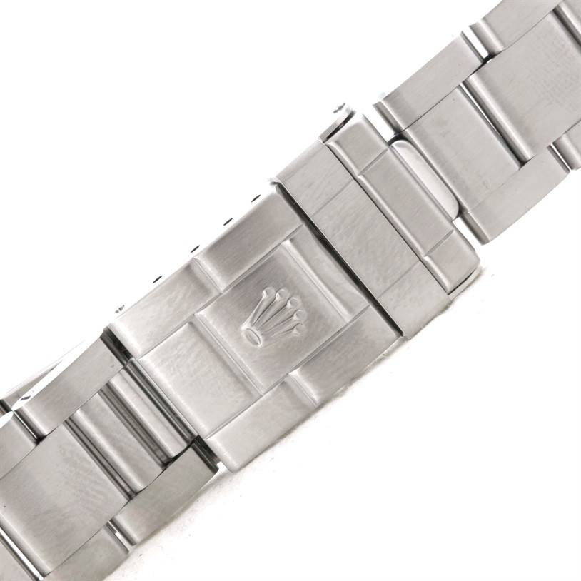 This image shows a close-up view of the metal bracelet and clasp of the Rolex Explorer 16570 Men's Stainless Steel White Dial 16570 Men's Stainless Steel White Dial model watch.