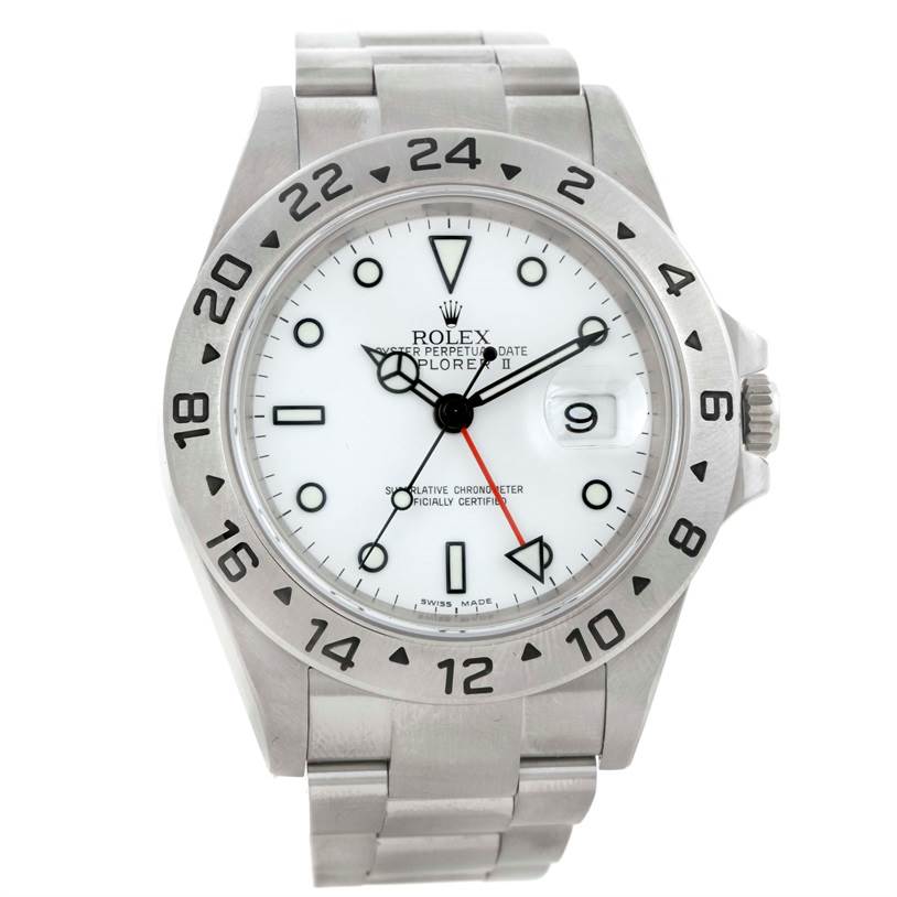 This image shows a Rolex Explorer 16570 Men's Stainless Steel White Dial 16570 Men's Stainless Steel White Dial watch from a front angle, highlighting its dial, bezel, hands, and bracelet.