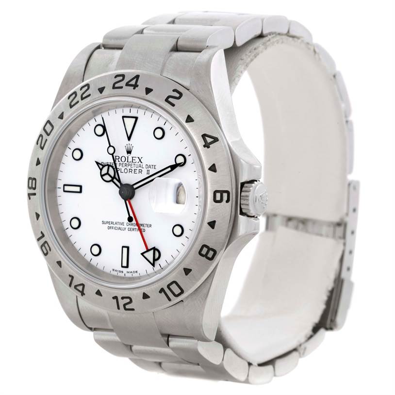 The Rolex Explorer 16570 Men's Stainless Steel White Dial 16570 Men's Stainless Steel White Dial watch is shown at an angle displaying its face, bezel, crown, and partially open stainless steel bracelet.