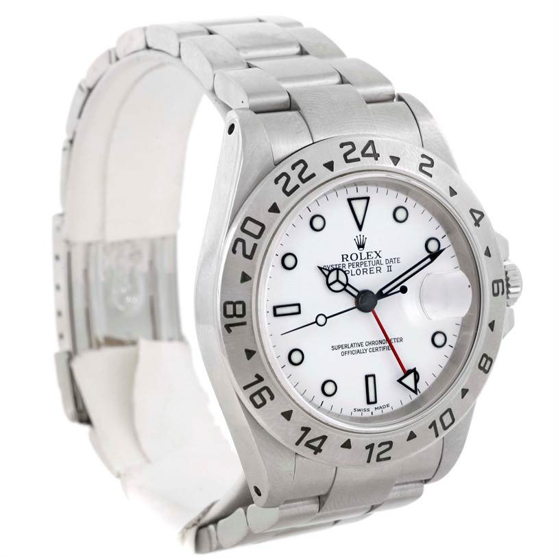 The Rolex Explorer 16570 Men's Stainless Steel White Dial 16570 Men's Stainless Steel White Dial watch is shown at an angle displaying the face, bezel, case, and part of the bracelet.