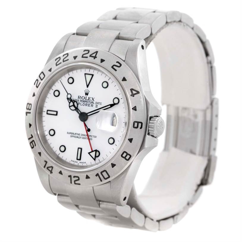 The image shows a Rolex Explorer 16570 Men's Stainless Steel White Dial 16570 Men's Stainless Steel White Dial watch angled to display the face, crown, bezel, and part of the bracelet.