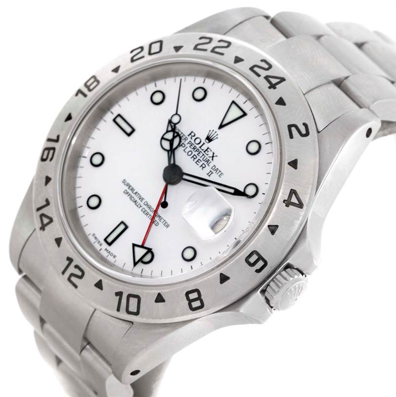 The image shows a close-up, angled view of the Rolex Explorer 16570 Men's Stainless Steel White Dial 16570 Men's Stainless Steel White Dial watch, focusing on its face, bezel, and part of the bracelet.