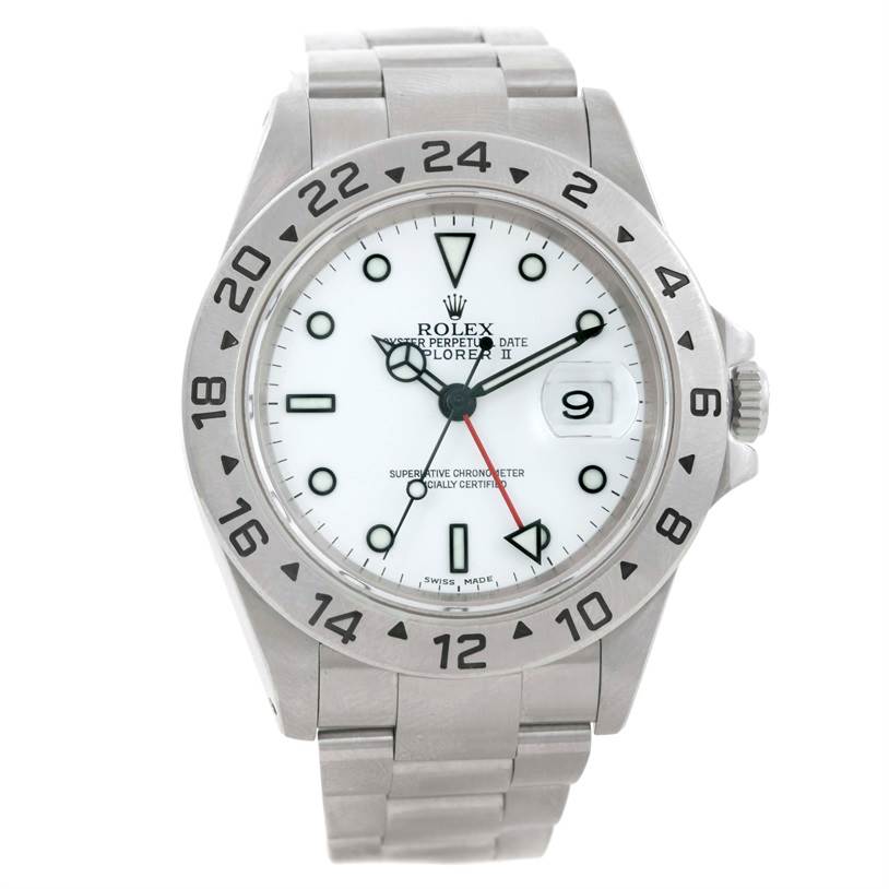 The image shows a front view of a Rolex Explorer 16570 Men's Stainless Steel White Dial 16570 Men's Stainless Steel White Dial watch, featuring a white dial, date window, and stainless steel bracelet.