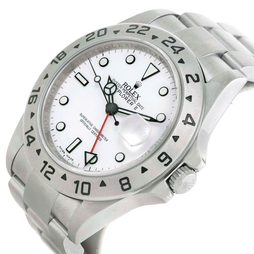 The Rolex Explorer 16570 Men's Stainless Steel White Dial 16570 Men's Stainless Steel White Dial watch is angled to show its face, bezel, crown, and part of the bracelet.