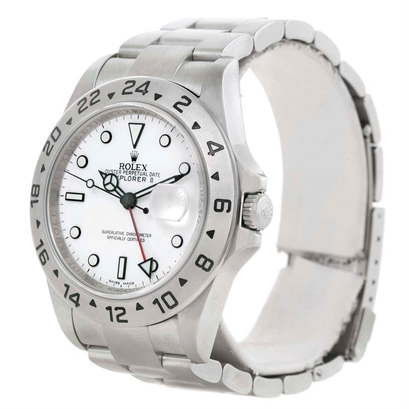 This image shows a Rolex Explorer 16570 Men's Stainless Steel White Dial 16570 Men's Stainless Steel White Dial watch from a front angle, highlighting the face, bezel, and part of the bracelet.