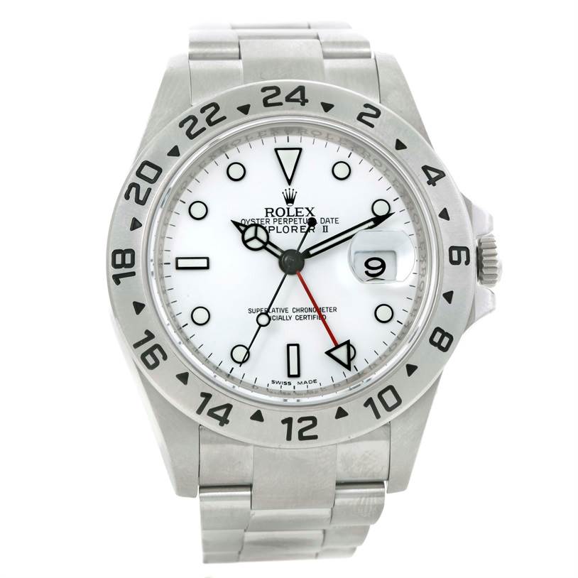 This image shows the front view of a Rolex Explorer 16570 Men's Stainless Steel White Dial 16570 Men's Stainless Steel White Dial watch, highlighting its dial, bezel, and bracelet.