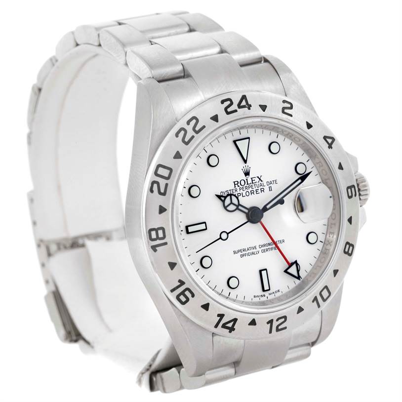 The image shows a Rolex Explorer 16570 Men's Stainless Steel White Dial 16570 Men's Stainless Steel White Dial watch from a three-quarter angle, highlighting its face, bezel, crown, and bracelet.