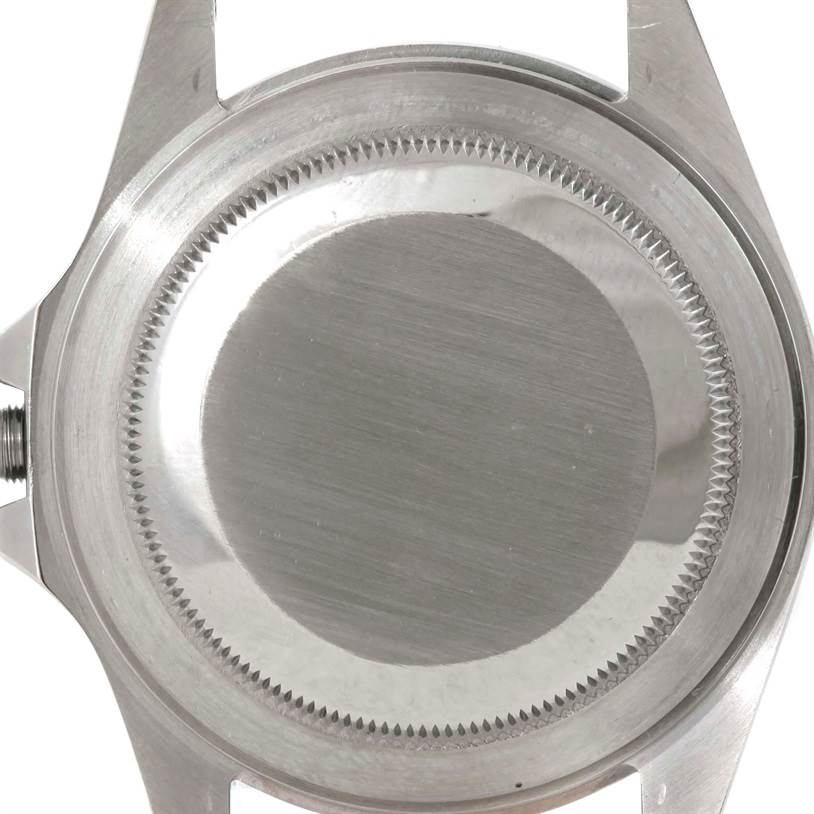 This image shows the back case of a Rolex Explorer 16570 Men's Stainless Steel White Dial 16570 Men's Stainless Steel White Dial watch, captured from the bottom view.