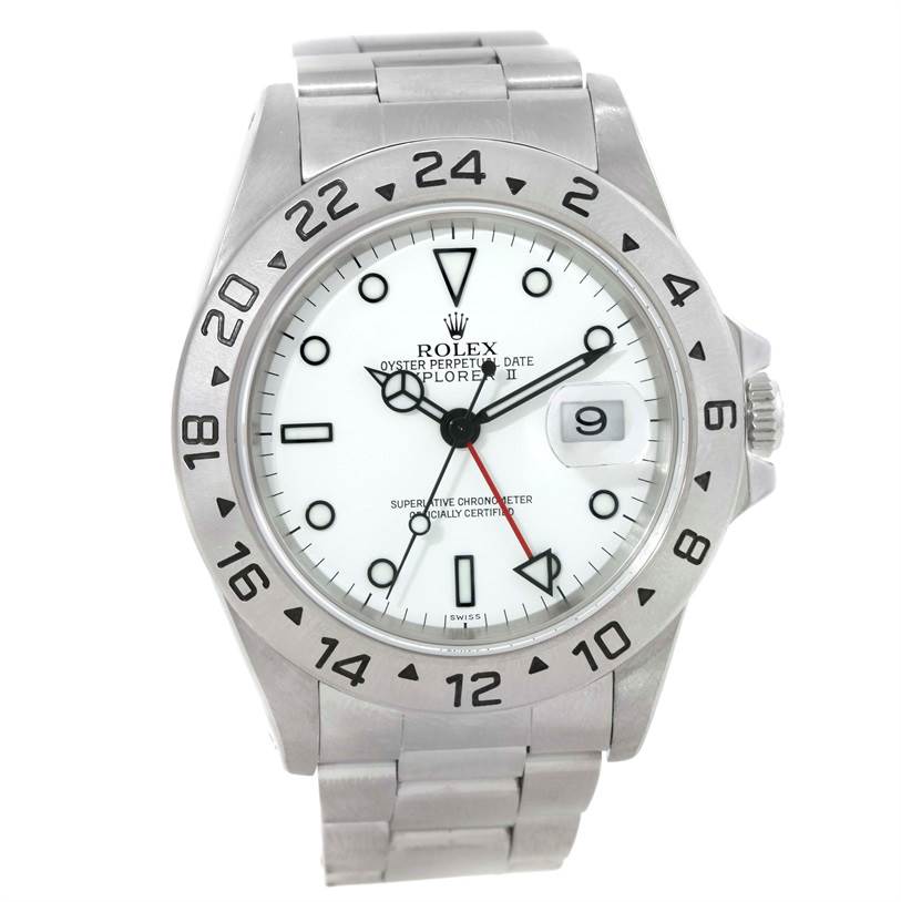 This image shows a front view of a Rolex Explorer 16570 Men's Stainless Steel White Dial 16570 Men's Stainless Steel White Dial watch, highlighting its white dial, date window, and steel bracelet.