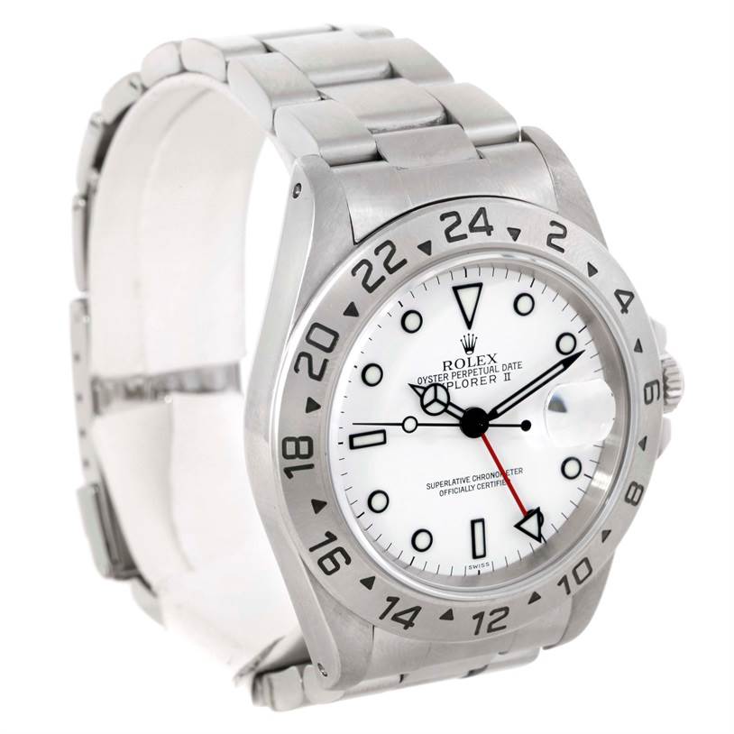 This image shows a Rolex Explorer 16570 Men's Stainless Steel White Dial 16570 Men's Stainless Steel White Dial watch in a three-quarter view, highlighting the dial, bezel, and stainless steel bracelet.