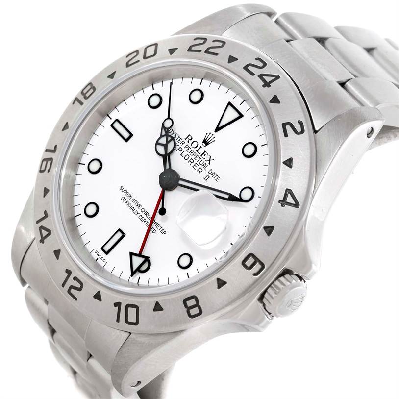 This image shows a close-up view of the Rolex Explorer 16570 Men's Stainless Steel White Dial 16570 Men's Stainless Steel White Dial II, showcasing the dial, bezel, and crown.