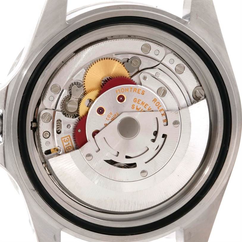 This is an internal view of the Rolex Explorer 16570 Men's Stainless Steel White Dial 16570 Men's Stainless Steel White Dial model, showcasing its intricate movement and gears.