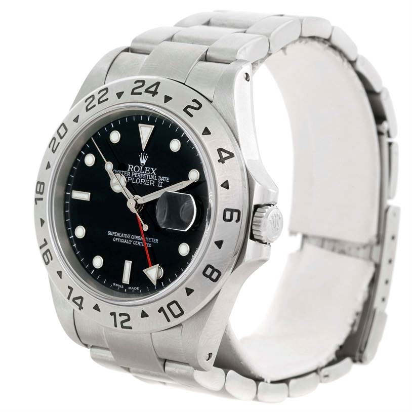 The Rolex Explorer 16570 Men's Stainless Steel Black Dial 16570 Men's Stainless Steel Black Dial watch is shown at a three-quarter angle highlighting the bezel, dial, crown, and part of the bracelet.
