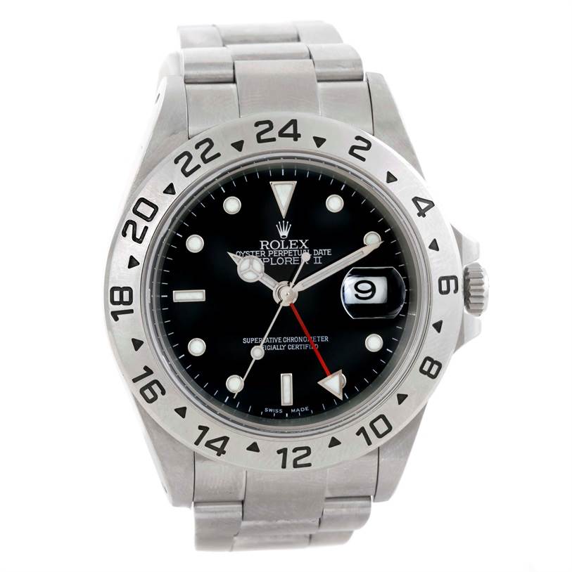 The image shows a front view of a Rolex Explorer 16570 Men's Stainless Steel Black Dial 16570 Men's Stainless Steel Black Dial watch, highlighting its dial, bezel, hands, and metal bracelet.