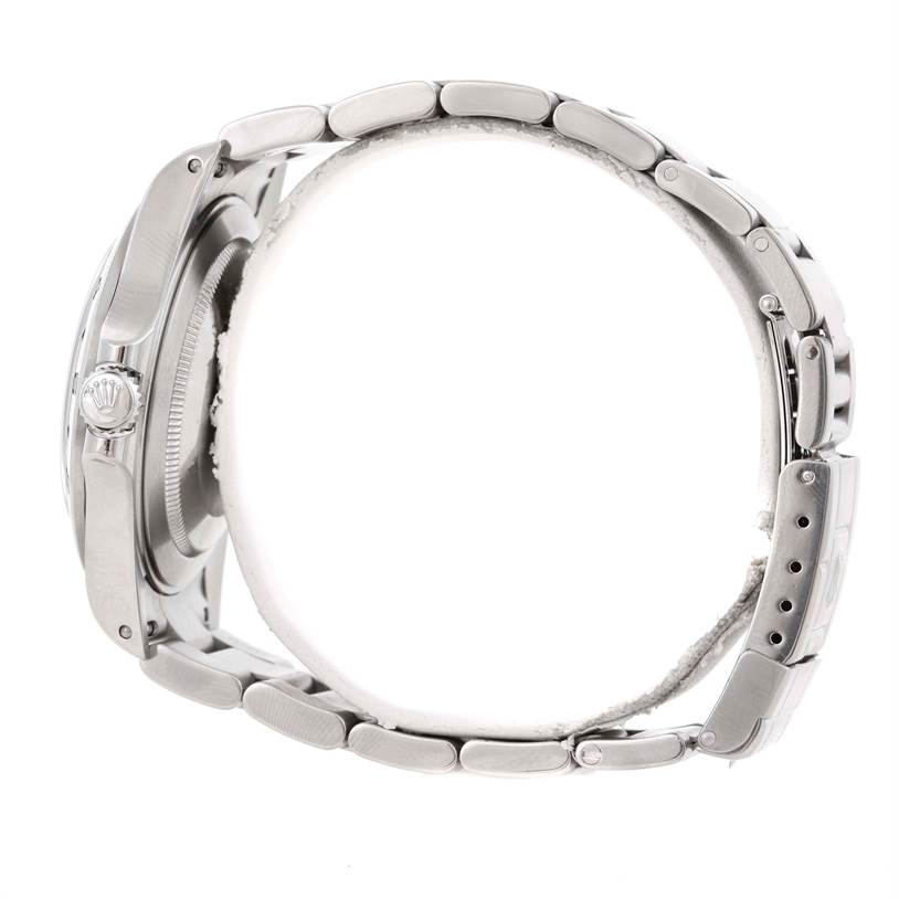 This image shows a side profile of the Rolex Explorer 16570 Men's Stainless Steel Black Dial 16570 Men's Stainless Steel Black Dial, highlighting the crown, case, and bracelet links.