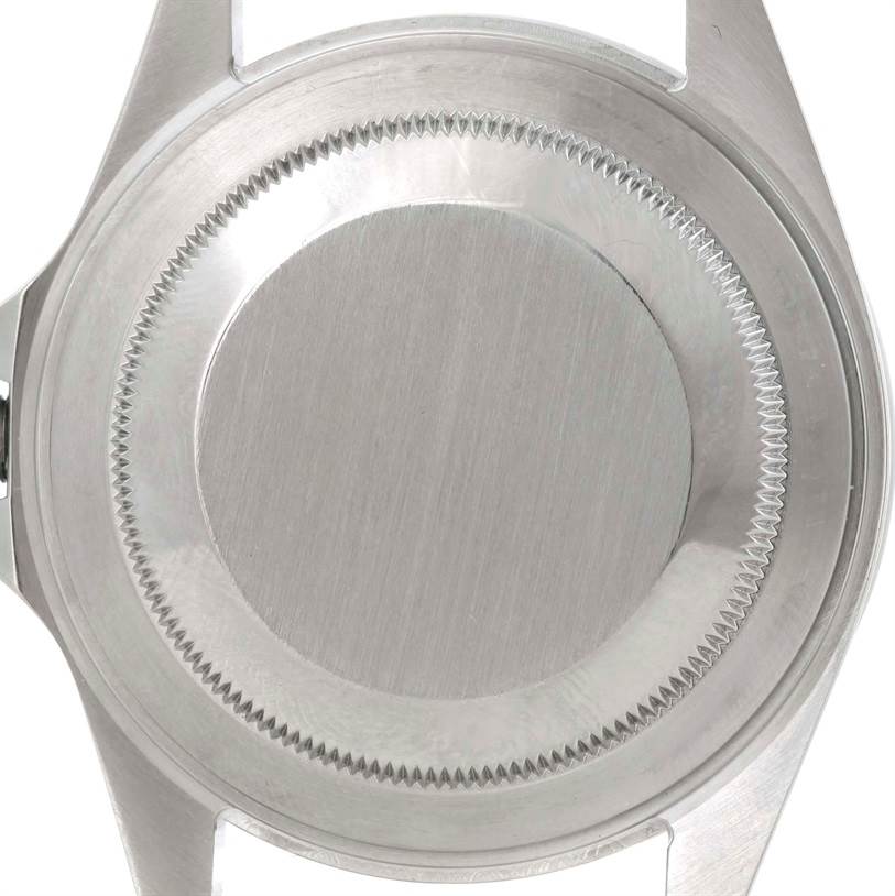 The image shows the case back of a Rolex Explorer 16570 Men's Stainless Steel Black Dial 16570 Men's Stainless Steel Black Dial watch from a rear view angle.