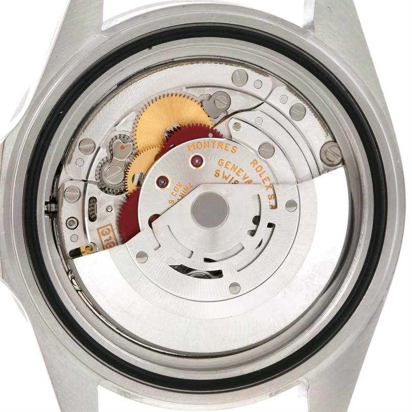 This image shows the movement mechanism of a Rolex Explorer 16570 Men's Stainless Steel Black Dial 16570 Men's Stainless Steel Black Dial watch from the back view.