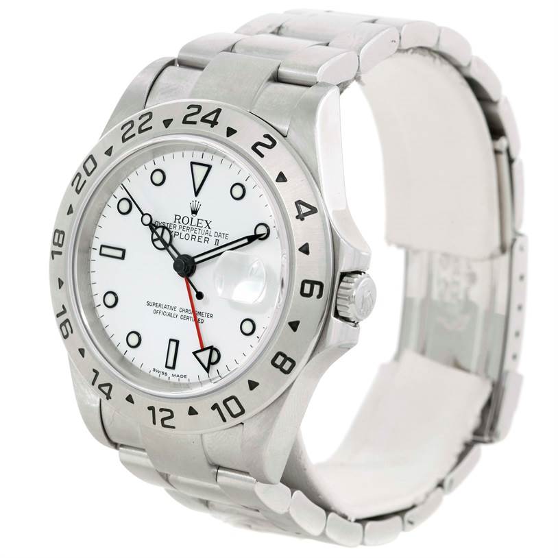 The image shows the front and side view of a Rolex Explorer 16570 Men's Stainless Steel White Dial 16570 Men's Stainless Steel White Dial watch, highlighting its white dial, bezel, and bracelet.