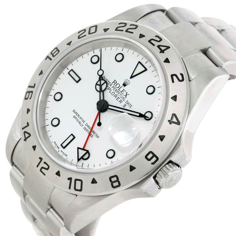 This image shows a Rolex Explorer 16570 Men's Stainless Steel White Dial 16570 Men's Stainless Steel White Dial watch at an angled close-up, highlighting the white dial, bezel, and stainless steel bracelet.