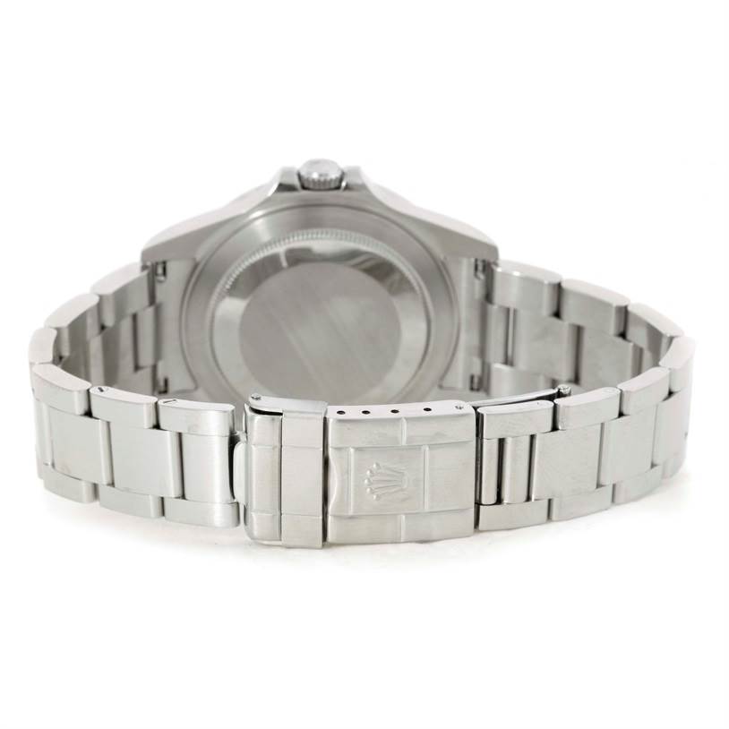 This image shows the back and clasp of a Rolex Explorer 16570 Men's Stainless Steel White Dial 16570 Men's Stainless Steel White Dial watch, focusing on the stainless steel bracelet and case.