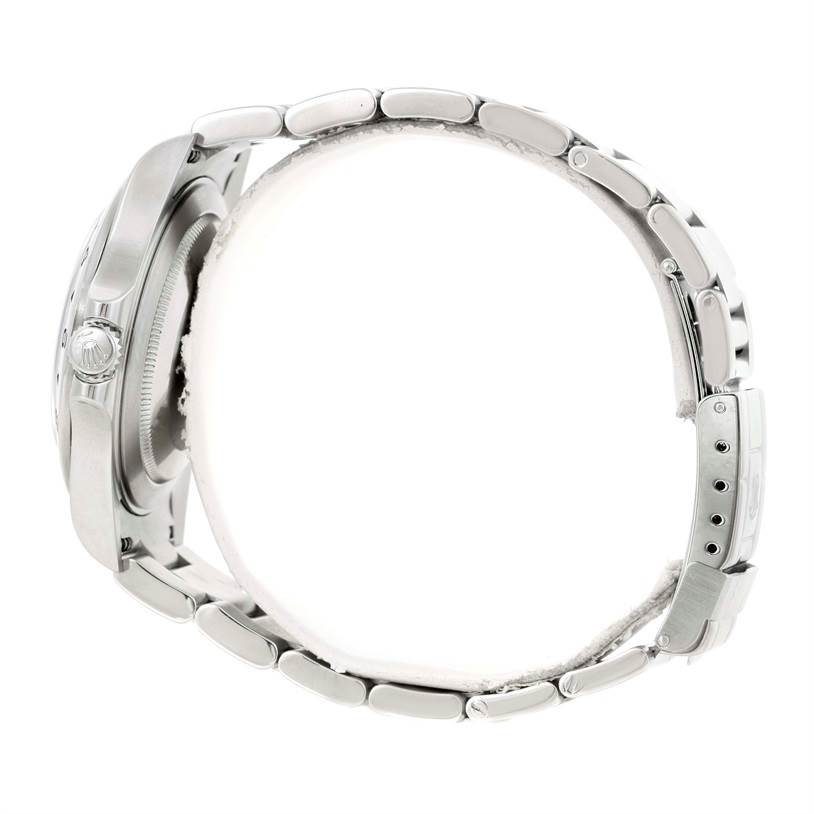 The image shows the side profile and band of a Rolex Explorer 16570 Men's Stainless Steel White Dial 16570 Men's Stainless Steel White Dial watch, highlighting the crown and bracelet.