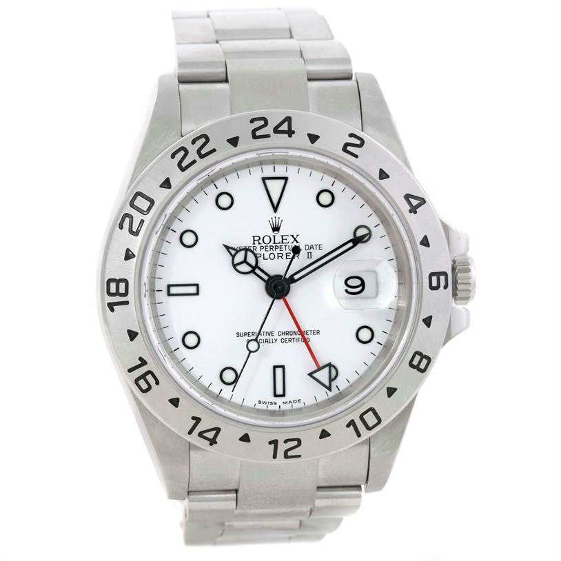 This image shows a front view of a Rolex Explorer 16570 Men's Stainless Steel White Dial 16570 Men's Stainless Steel White Dial watch, highlighting the face, bracelet, and bezel.