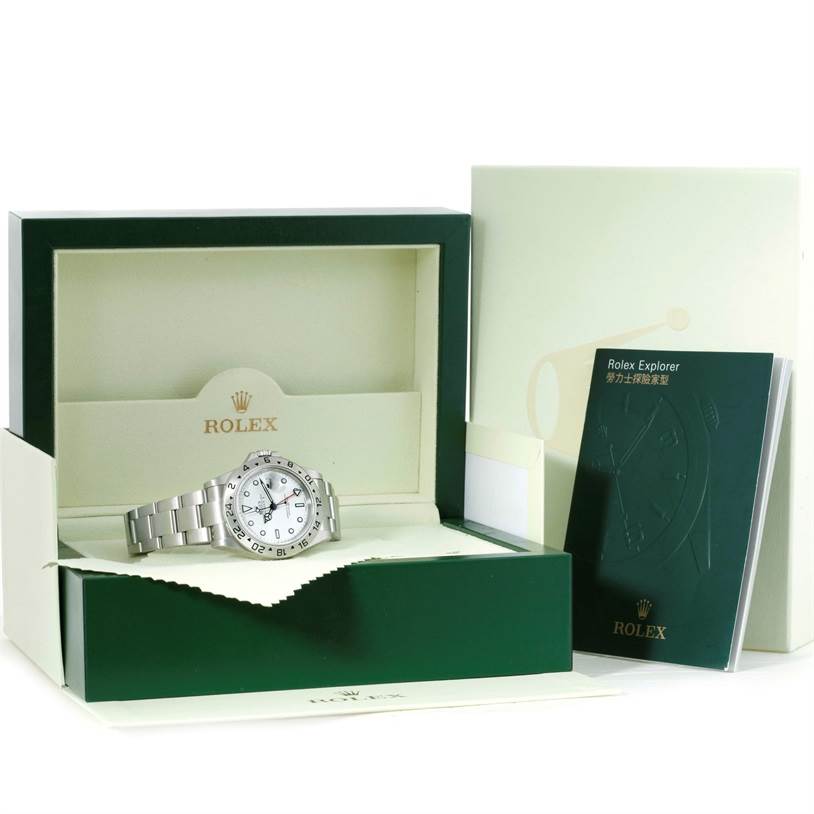 The image showcases a Rolex Explorer 16570 Men's Stainless Steel White Dial 16570 Men's Stainless Steel White Dial watch from a front angle with its box and accompanying booklet.
