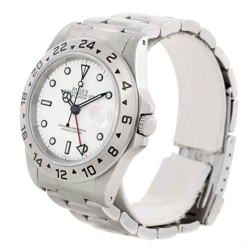 The image shows a Rolex Explorer 16570 Men's Stainless Steel White Dial 16570 Men's Stainless Steel White Dial watch at an angle highlighting the face, bezel, crown, and bracelet.