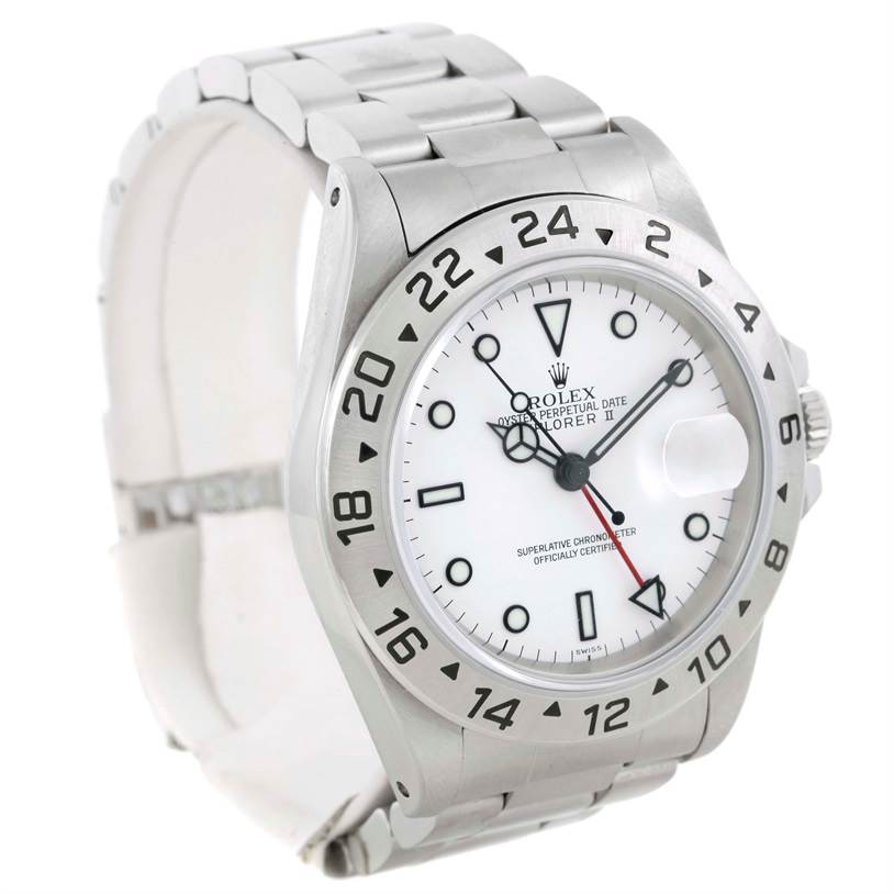 The image shows a Rolex Explorer 16570 Men's Stainless Steel White Dial 16570 Men's Stainless Steel White Dial watch from an angled side view, highlighting the stainless steel band, bezel, and dial.