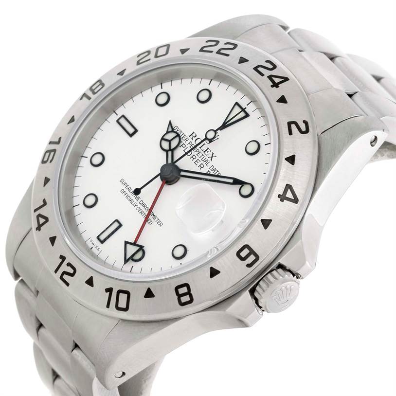 The Rolex Explorer 16570 Men's Stainless Steel White Dial 16570 Men's Stainless Steel White Dial watch is shown at an oblique angle, displaying the face, bezel, crown, and part of the bracelet.