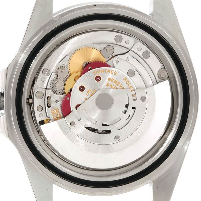 The image shows the back view of the Rolex Explorer 16570 Men's Stainless Steel White Dial 16570 Men's Stainless Steel White Dial model, revealing its internal mechanical components.
