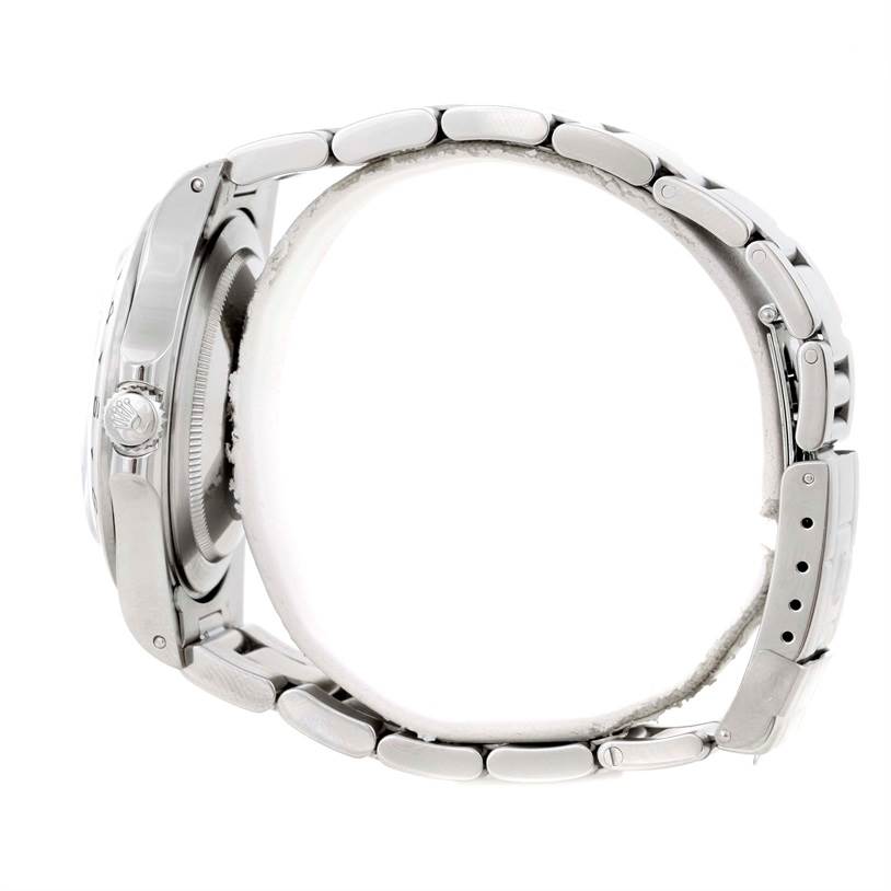 The image shows the Rolex Explorer 16570 Men's Stainless Steel White Dial 16570 Men's Stainless Steel White Dial watch in a side profile, highlighting its clasp, case, and bracelet.