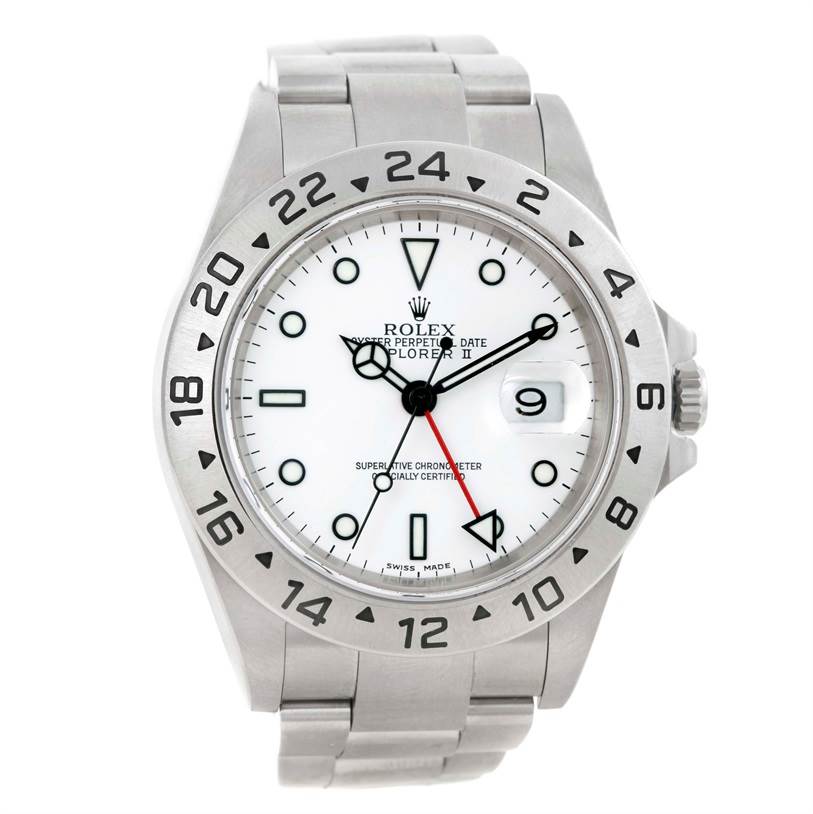 The image shows a front view of the Rolex Explorer 16570 Men's Stainless Steel White Dial 16570 Men's Stainless Steel White Dial watch, highlighting the dial, bezel, and bracelet.
