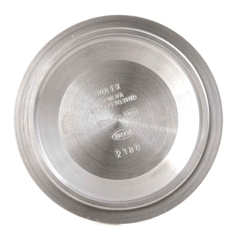 This image shows the inner side of the stainless steel case back of a Rolex Explorer 16570 Men's Stainless Steel White Dial 16570 Men's Stainless Steel White Dial watch.