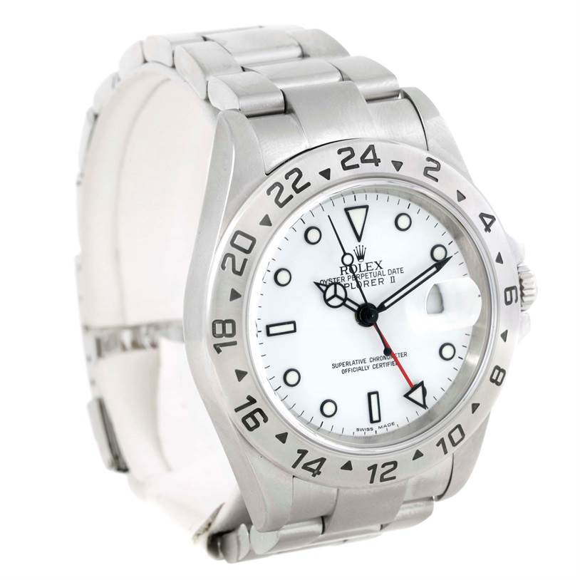 The image shows a three-quarter angle of a Rolex Explorer 16570 Men's Stainless Steel White Dial 16570 Men's Stainless Steel White Dial II, displaying its face, bezel, and part of the bracelet.