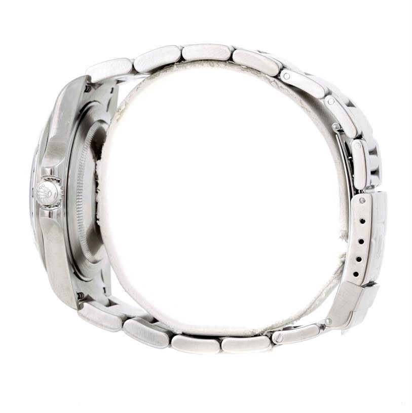 The image shows a side view angle of a Rolex Explorer 16570 Men's Stainless Steel White Dial 16570 Men's Stainless Steel White Dial watch, highlighting the crown and bracelet links.