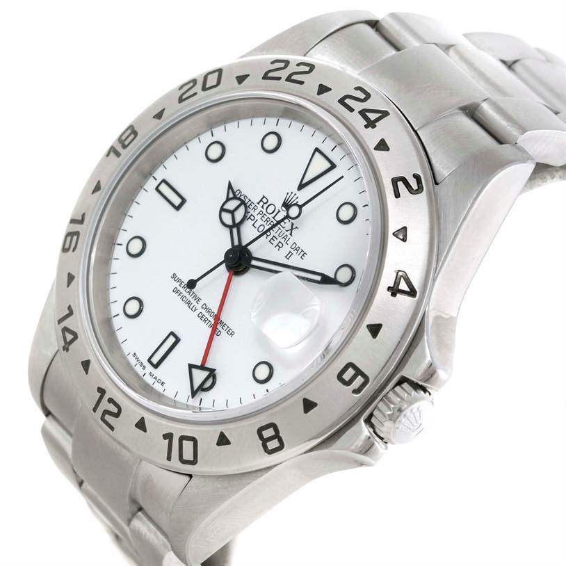 The image shows a side view of a Rolex Explorer 16570 Men's Stainless Steel White Dial 16570 Men's Stainless Steel White Dial watch, highlighting the dial, bezel, crown, and part of the bracelet.
