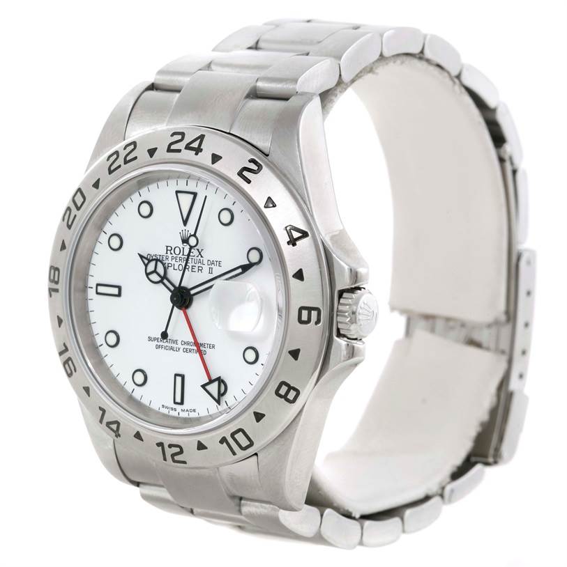 This image shows a Rolex Explorer 16570 Men's Stainless Steel White Dial 16570 Men's Stainless Steel White Dial watch at a slight angle, focusing on the face, bezel, crown, and stainless steel bracelet.