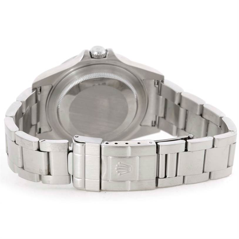 The image shows the back case and bracelet of a Rolex Explorer 16570 Men's Stainless Steel White Dial 16570 Men's Stainless Steel White Dial watch from a rear angle.