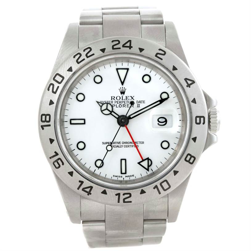 The image shows a frontal view of a Rolex Explorer 16570 Men's Stainless Steel White Dial 16570 Men's Stainless Steel White Dial watch, displaying the face, bezel, and part of the bracelet.