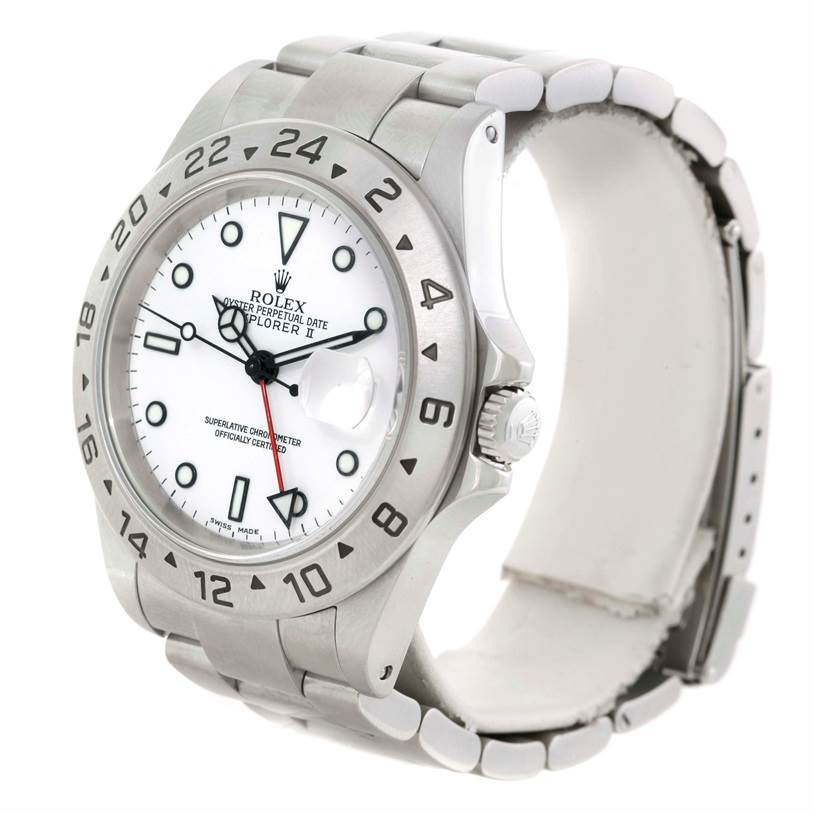 This image shows an angled view of a Rolex Explorer 16570 Men's Stainless Steel White Dial 16570 Men's Stainless Steel White Dial watch, featuring the dial, bezel, crown, and part of the bracelet.