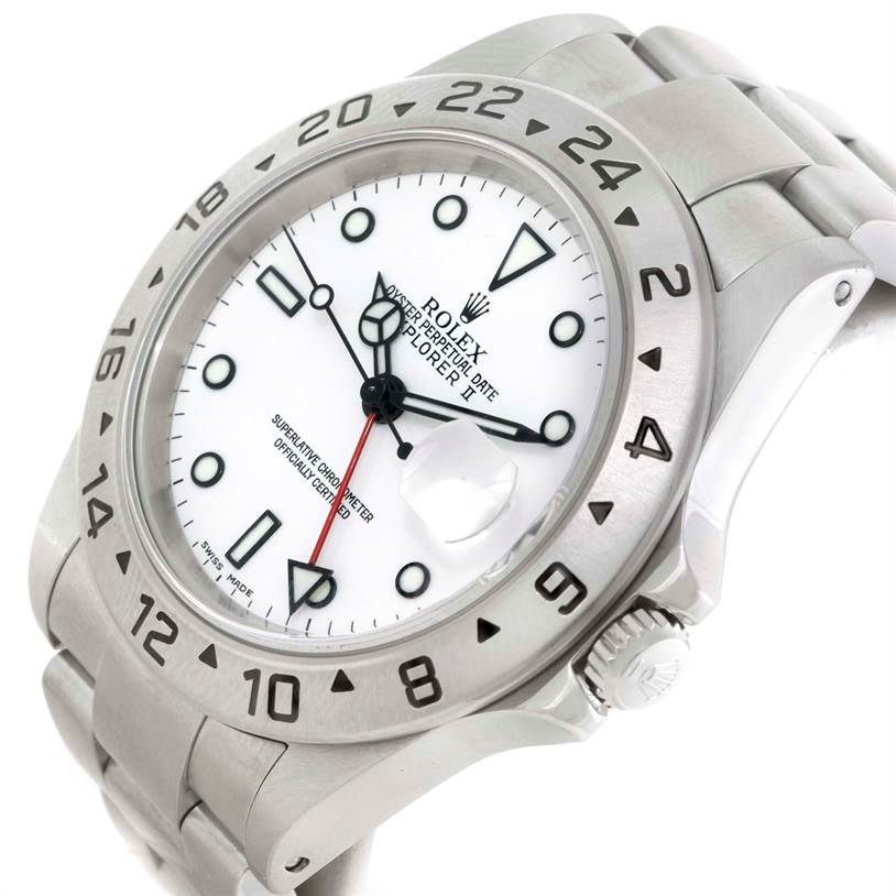 The image shows a side-angle view of the Rolex Explorer 16570 Men's Stainless Steel White Dial 16570 Men's Stainless Steel White Dial watch, highlighting its bezel, dial, crown, and bracelet.