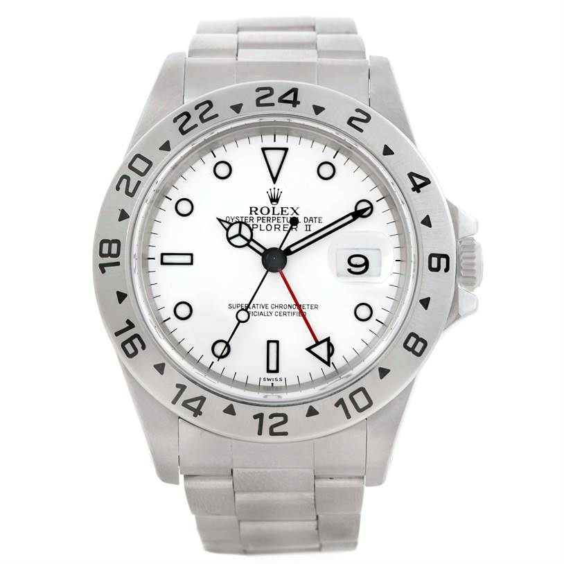 The Rolex Explorer 16570 Men
s Stainless Steel White Dial 16570 Men
s Stainless Steel White Dial watch is shown from a front angle, clearly displaying the dial, bezel, and bracelet.