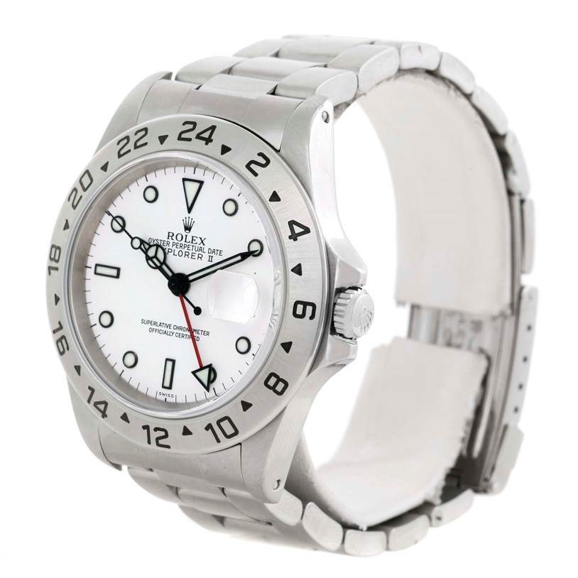 This image shows the Rolex Explorer 16570 Men
s Stainless Steel White Dial 16570 Men
s Stainless Steel White Dial watch at an angle highlighting the bezel, dial, crown, and bracelet.