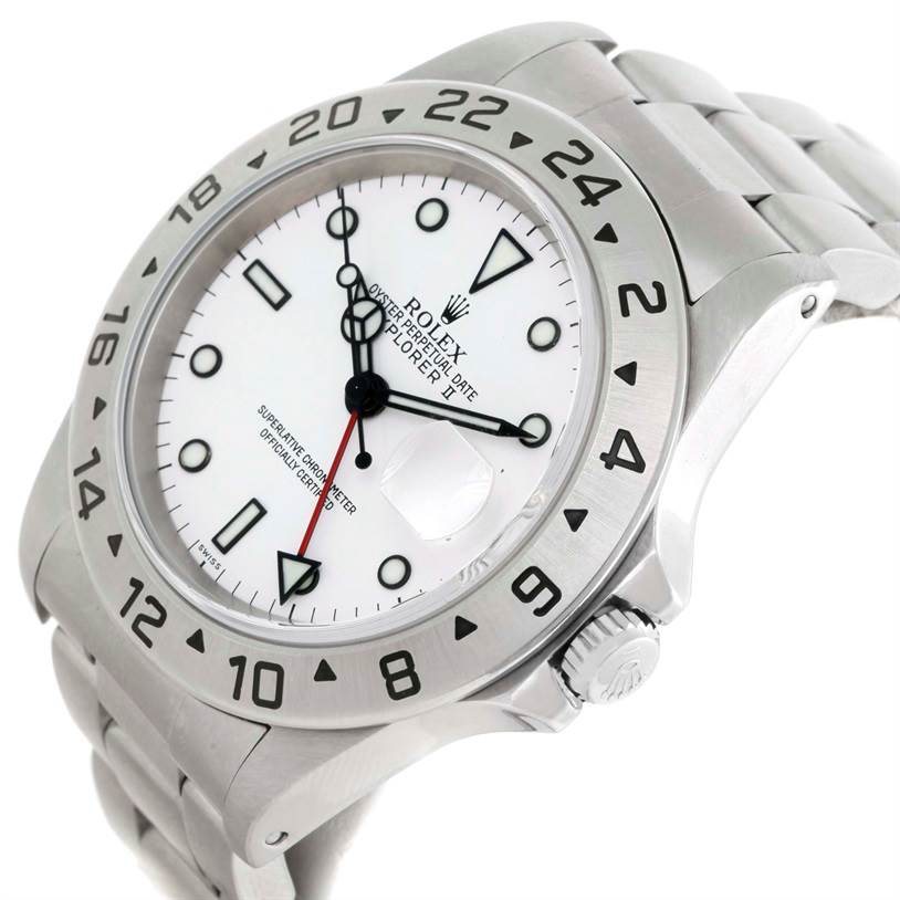 The image shows a close-up of the Rolex Explorer 16570 Men
s Stainless Steel White Dial 16570 Men
s Stainless Steel White Dial model, highlighting the bezel, face, hands, and part of the bracelet.