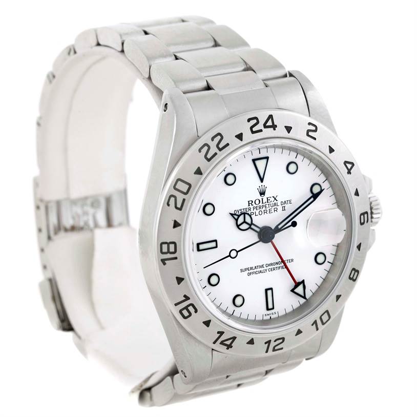 The Rolex Explorer 16570 Men
s Stainless Steel White Dial 16570 Men
s Stainless Steel White Dial watch is shown at a slight angled view, displaying the dial, bezel, and bracelet.