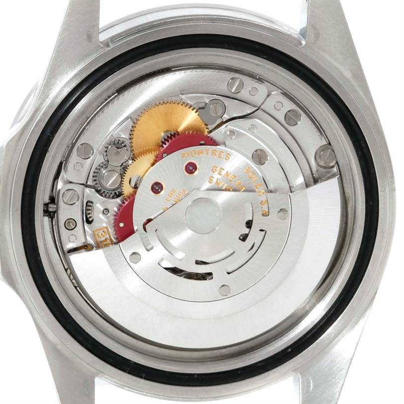 The image shows the internal mechanism of a Rolex Explorer 16570 Men
s Stainless Steel White Dial 16570 Men
s Stainless Steel White Dial watch viewed from the back.